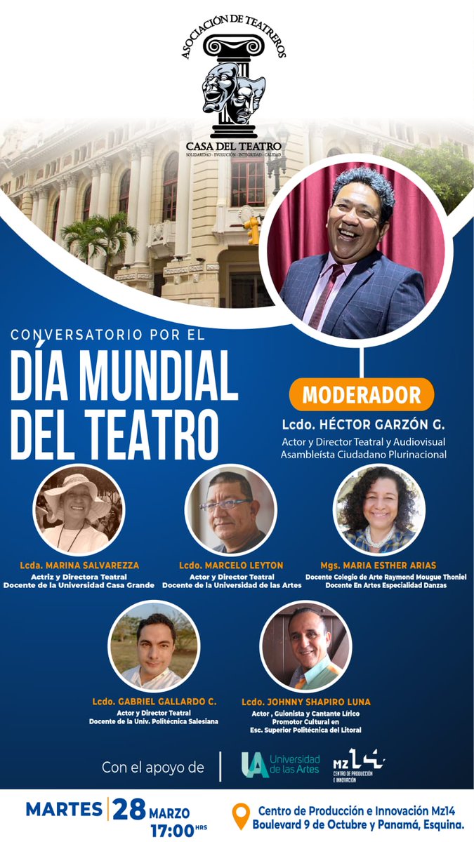 lacamaraeps's tweet photo. Actores, artistas y público en general la Asociación de Teatreros los invita al Centro de Producción e Innovación Mz14, ubicado en Panamá y Nueve de Octubre esq., al conversatorio con connotados actores y directores. EL TEATRO Y LA ACADEMIA, hoy martes 28 de marzo, 16:45 HS. https://t.co/KwckCd4riS