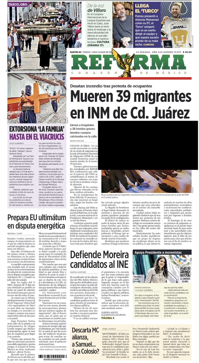 This was the cover of @reforma, one of the main dailies in Mexico, today. It included a huge, uncensored picture of the bodies of the migrants who died in a fire at an immigration detention center in Juarez. I think it speaks to how migrants are dehumanized in this hemisphere.