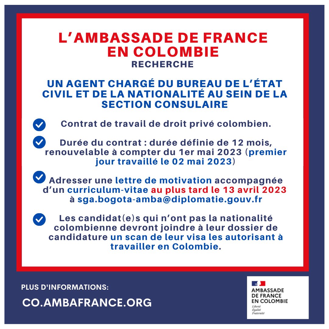France_Colombia's tweet photo. #BoostEmploi #TrabajoSíHay
L’Ambassade de France en Colombie recherche un agent chargé du bureau de l’état civil et de la nationalité au sein de la Section consulaire
Plus d’informations 👉🏻 https://t.co/F8v6P7YEnS
#FranciaEnColombia🇫🇷🤝🇨🇴 https://t.co/eb3fKsiE4M