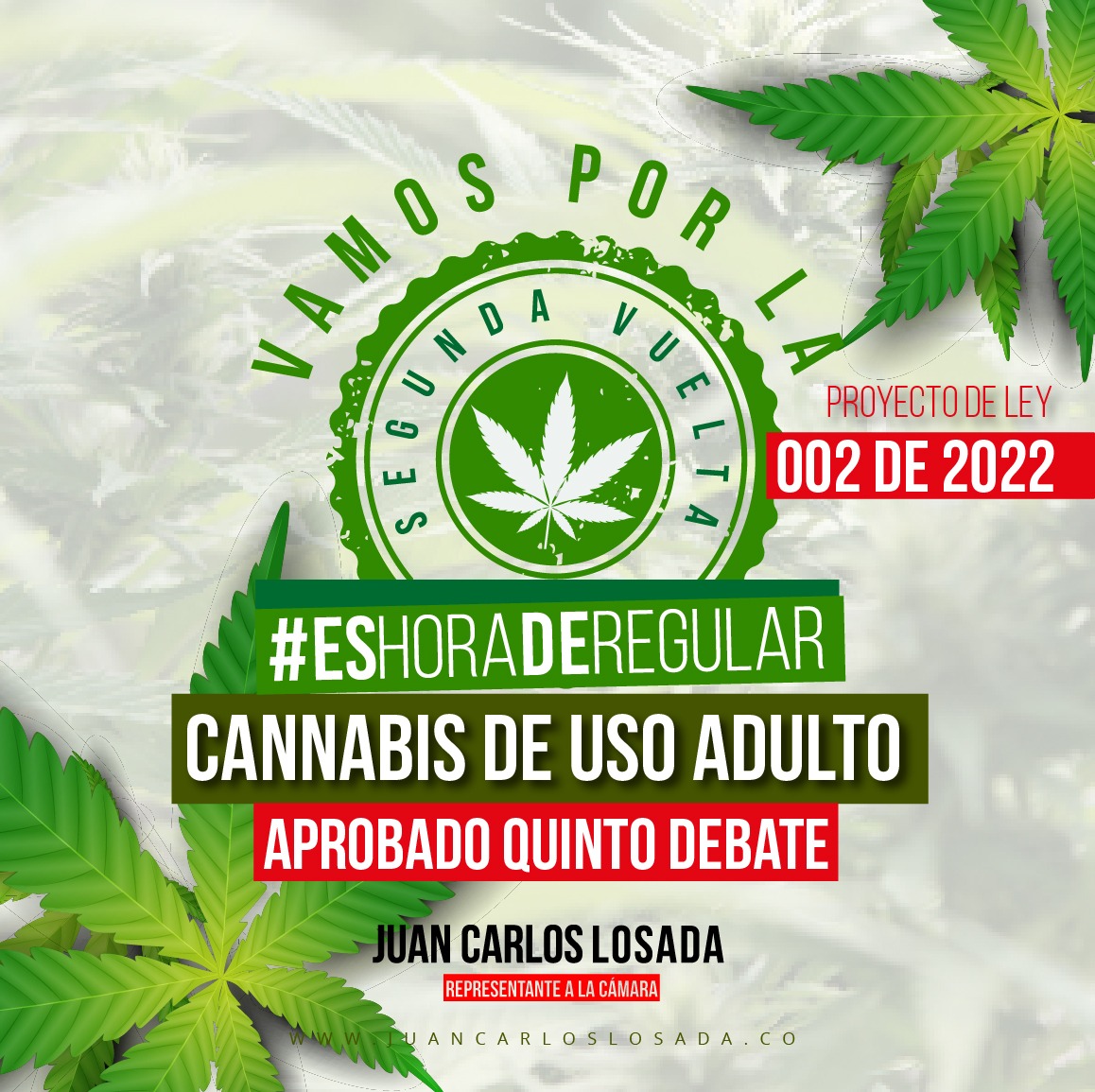 ¡Histórico! 

Acabamos de aprobar con 26 votos el quinto debate de la regulación del #CannabisDeUsoAdulto en Colombia. 

Se sigue despejando el camino para cambiar la política fallida contra las drogas que tanta sangre ha costado.

#EsHoraDeRegular