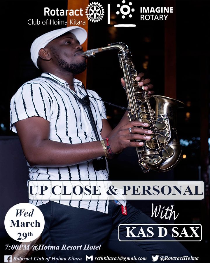 RotaractHoima's tweet photo. For our Fun Fellowship tomorrow, we’ll host renowned saxophonist, @KasDeno, in an interactive session where we’ll get to know him better and enjoy his beautiful music.

Swing by Hoima Resort Hotel at 7:00pm and be part of the amazing gathering. https://t.co/jDhMHJ7aPV