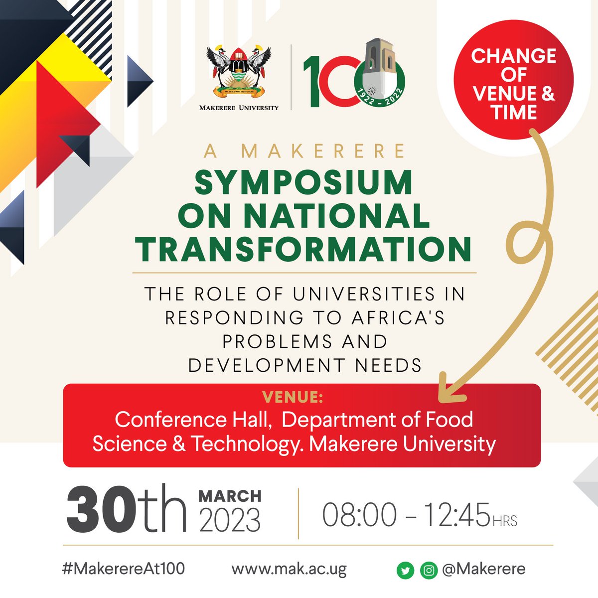 📌There has been a change of venue and time for the symposium, please kindly take note. Thurs/30th/Mar/2023 still remains as the date 🤝🏽 #MakerereAt100