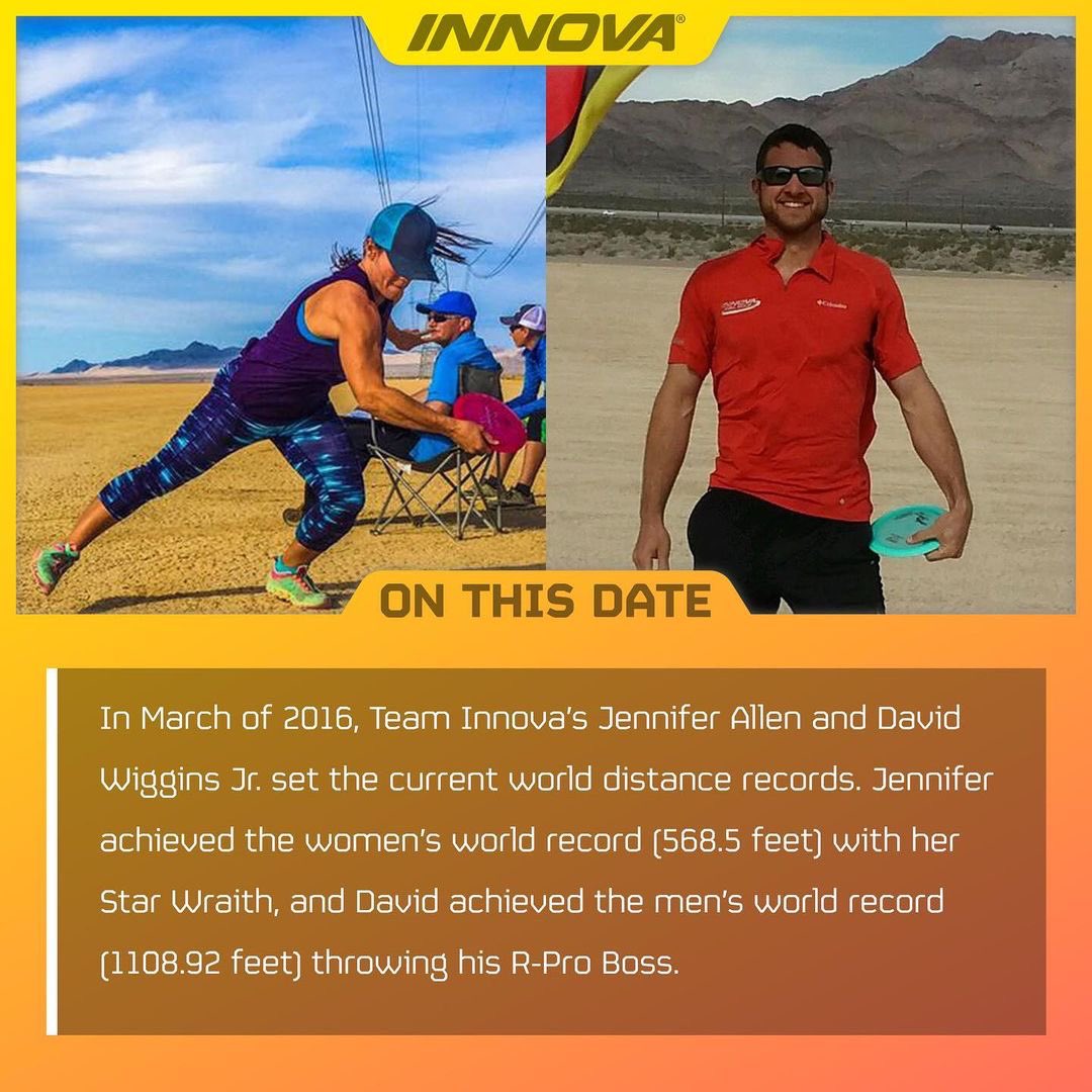 InnovaDiscs's tweet photo. 7 years ago, Team Innova’s Jennifer Allen &amp; David Wiggins Jr. set the world distance records! Jennifer claimed the women’s world record throwing her Star Wraith 568.5 ft (173.3 M). David claimed the men’s world record throwing his R-Pro Boss 1,108.92 ft (338 M). 🌎🏆🏆 #discgolf https://t.co/gqKMgYDuC1
