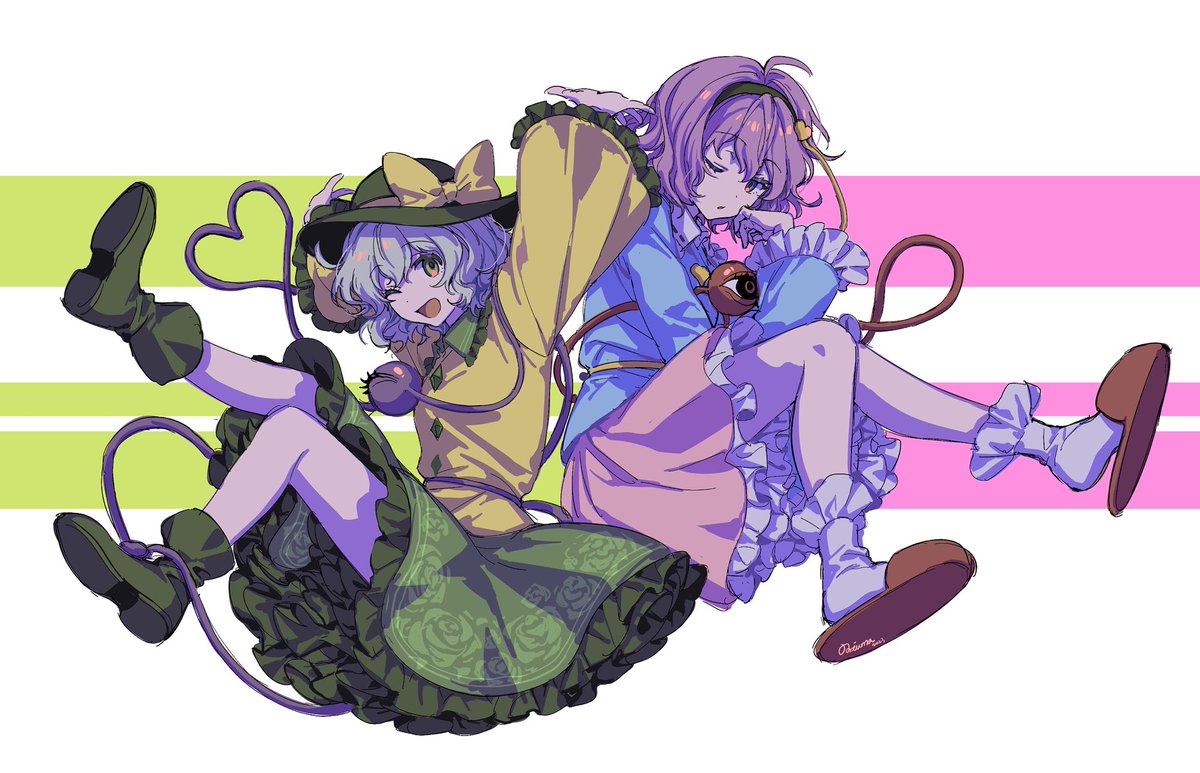 komeiji koishi ,komeiji satori 2girls multiple girls slippers skirt heart frills shirt  illustration images