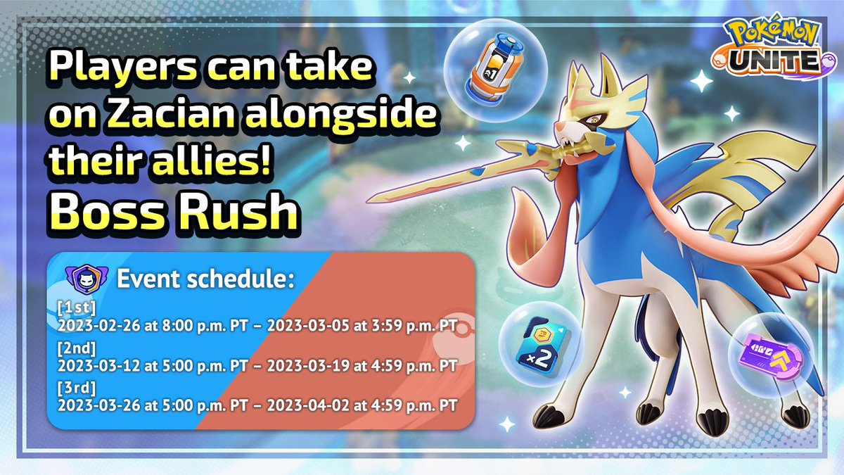 Pokémon UNITE on X: The final Zacian Boss Rush is happening right now!  Join a UNITE Squad and team up in #PokemonUNITE to take on powerful bosses  and earn fabulous rewards until