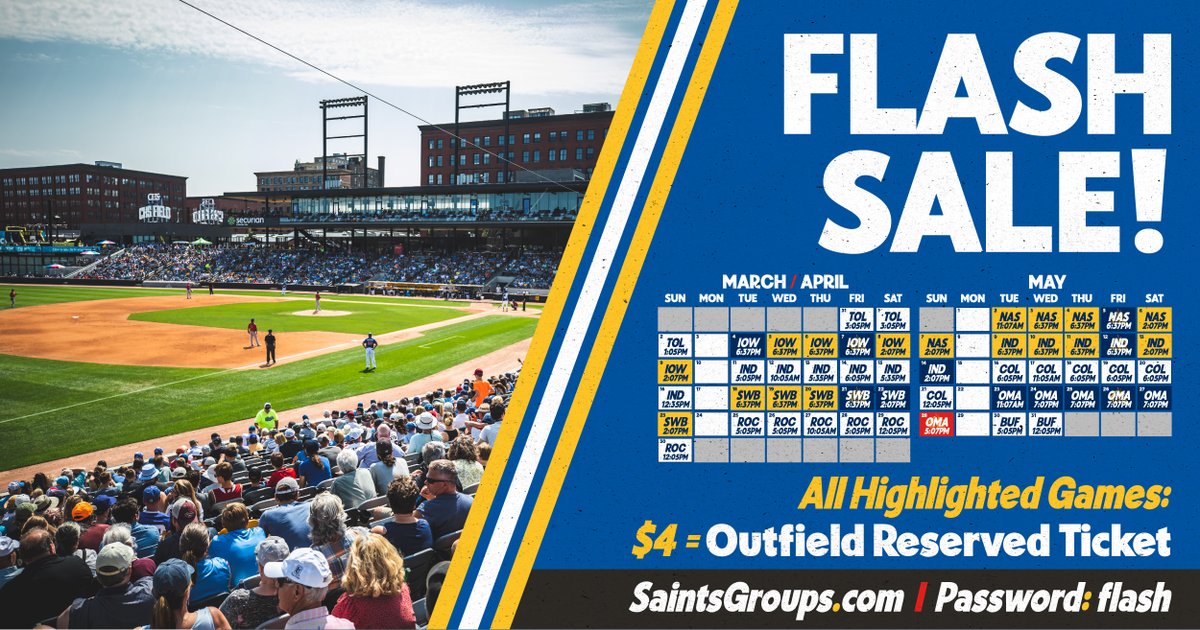 StPaulSaints's tweet photo. ⚡ 24-Hour FLASH SALE ⚡ 

Get your $4 tickets for select April and May games at https://t.co/IKw4MjOdmb using the password FLASH.

The 24-hour flash sale is live NOW through Wednesday at noon. https://t.co/WsCmJFWz0t