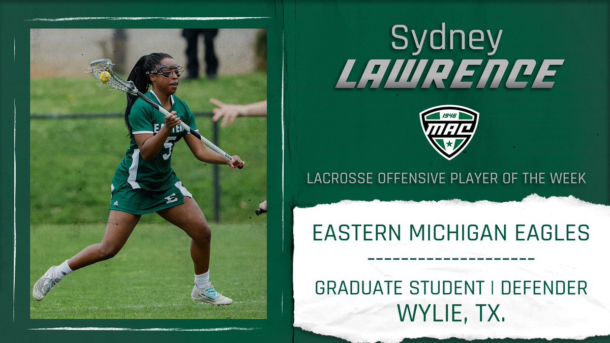 MACSports's tweet photo. Eastern Michigan’s Lawrence tallied six goals, two assists, and eight points over her two games played, including a career game at Butler where she had seven points on five goals and two assists to set school records for both points and goals in a game! 

@EMU_Lacrosse #MACtion https://t.co/AcA2gAEMnr