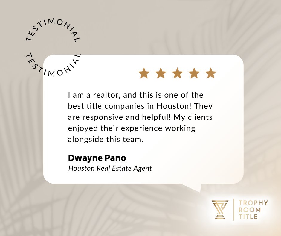TrophyRoomTitle's tweet image. Thank you, Dwayne, for the kind review! We are so glad we could work together and create a beautiful relationship.🤝

#review #testimonial #realreview #clienttestimonial  #houstontx #trophyroomtitle #trophyroomtitlehouston #houstontitlecompany #houstonrealtors