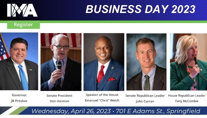 IMA_Today's tweet image. The IMA’s 2023 Business Day at the Capitol is set for this Wednesday, April 26! We have a great program lined up including remarks from @GovPritzker and all four Illinois legislative leaders! Limited space remains – register now! #ILBizDay2023  ow.ly/LnRP50NteC2