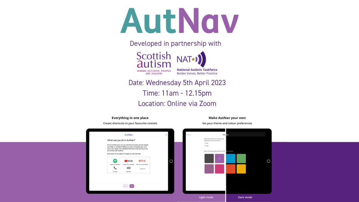 scottishautism's tweet photo. We are delighted to host an online launch event for the release of our new app AutNav, developed in partnership with the @NAT_taskforce on Wednesday 5th April from 11am – 12.15pm 

Come along &amp; join us to find out more &amp; register for the AutNav Launch here https://t.co/fr968I4Vss https://t.co/kDFYvOoymn