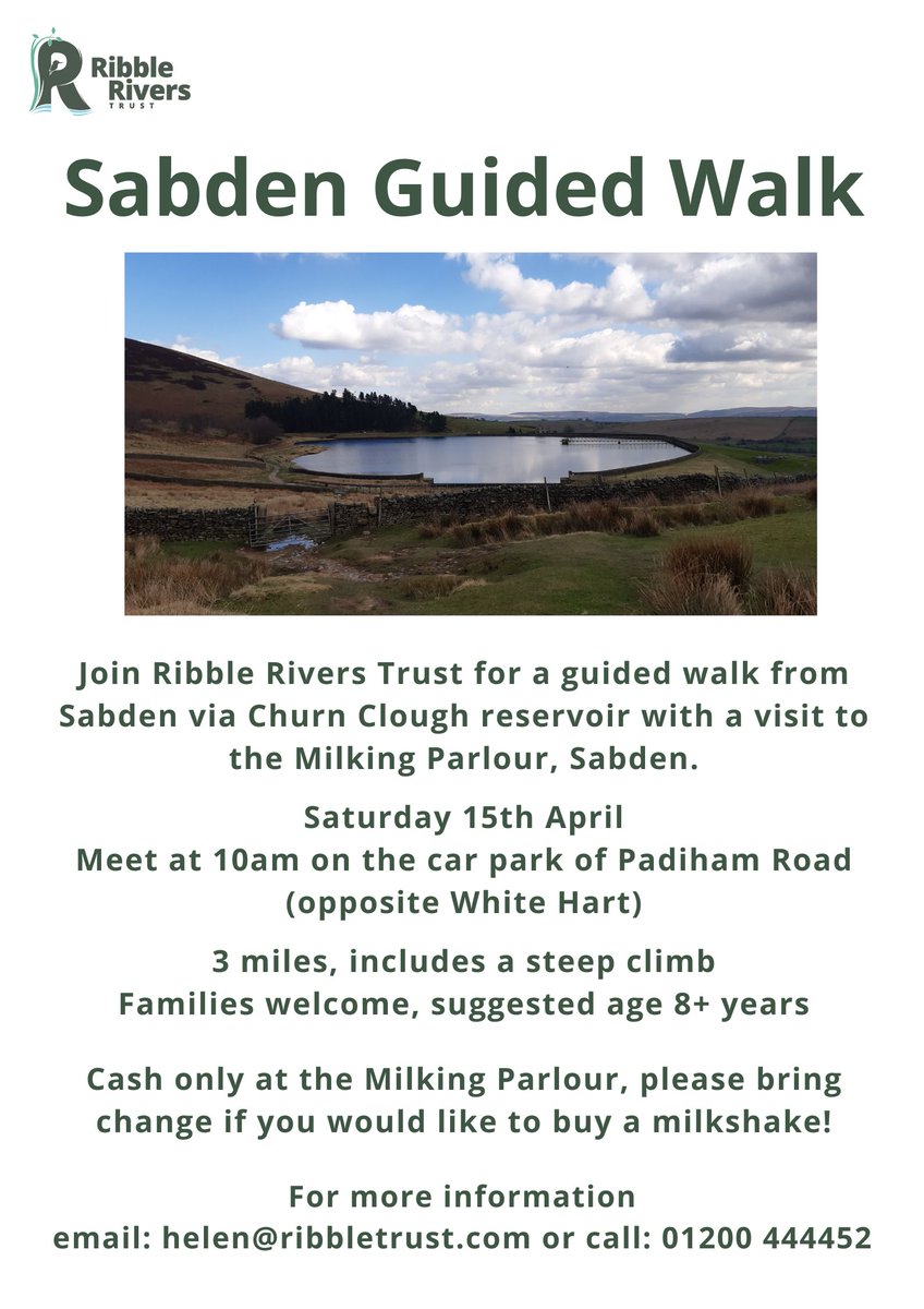 RibbleTrust's tweet photo. As part of our #BigRiverRamble , we're putting on guided walks to help you rack up some miles in the beautiful #RibbleCatchment. Join us on Sat 15th April for a walk from #Sabden. We'll be visiting The Milking Parlour, Sabden to grab delicious, local milkshakes (cash only). https://t.co/F18baqC6Xs