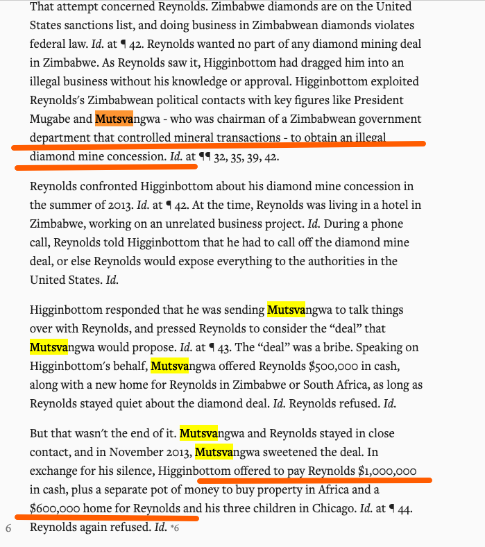 When you see Chris Mutsvangwa fuming about the Al Jazeera documentary, it's because he has been involved in shoddy mineral deals himself. He is as dirty as Chibuku vomit. In this case Reynolds v. Higginbottom, the plaintiff claims MUtsvangwa tried to bribe him with $1 600 000