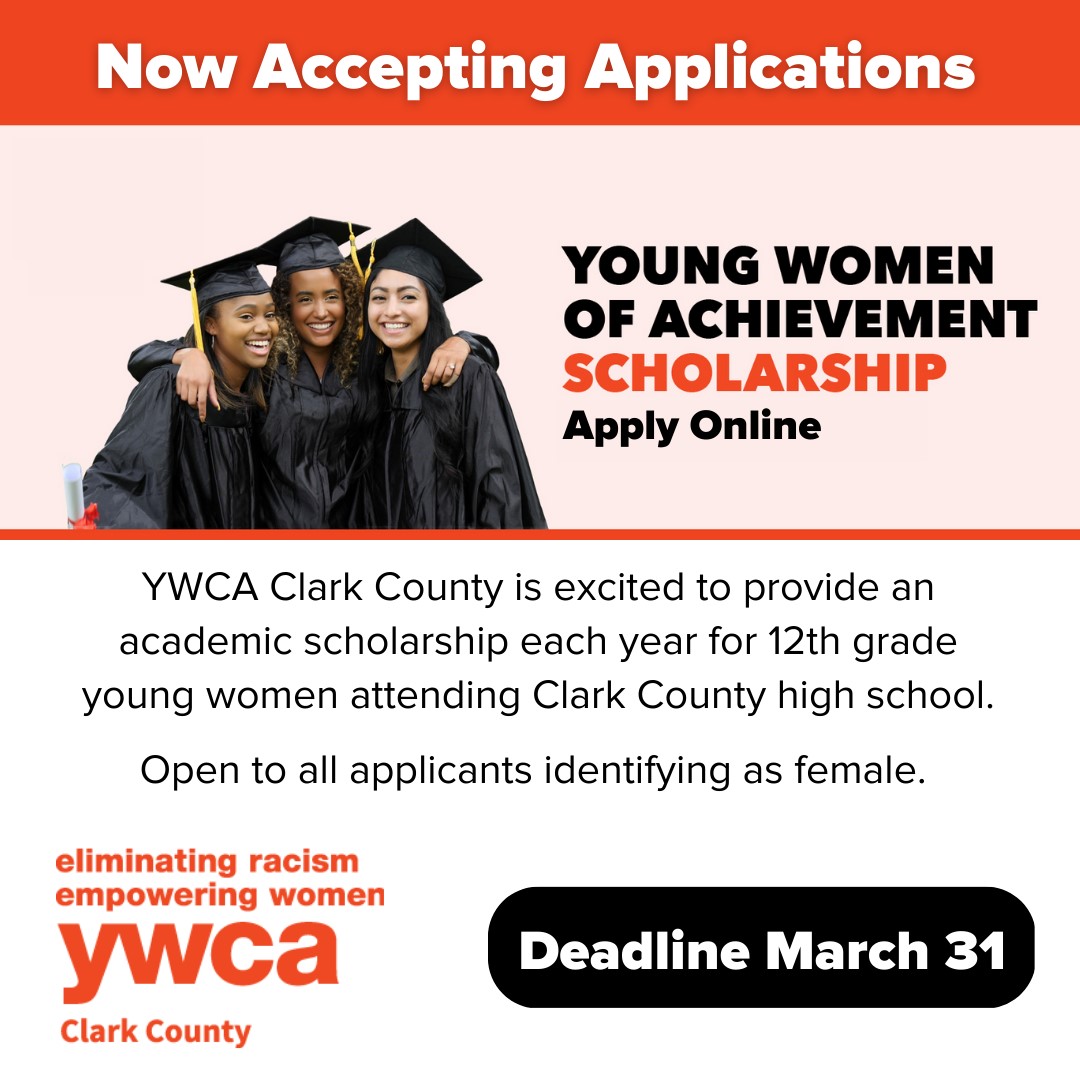 ywcacc's tweet image. The deadline for our Young Women of Achievement Scholarship applications is this Friday at 5:00 pm. We’ll announce the winner in early May. To learn more and apply, please visit: ywcaclarkcounty.org/what-we-do/you…

#scholarship #ClarkCountyWA #YoungWomenOfAchievement