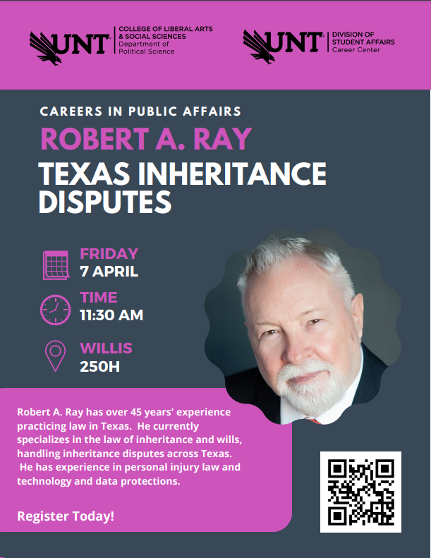 Register today to join the UNT Career Center and Department of Political Science for a workshop with members of the legal and policy communities! This event will be held on April 7th in 250H Willis at 11:30 AM!