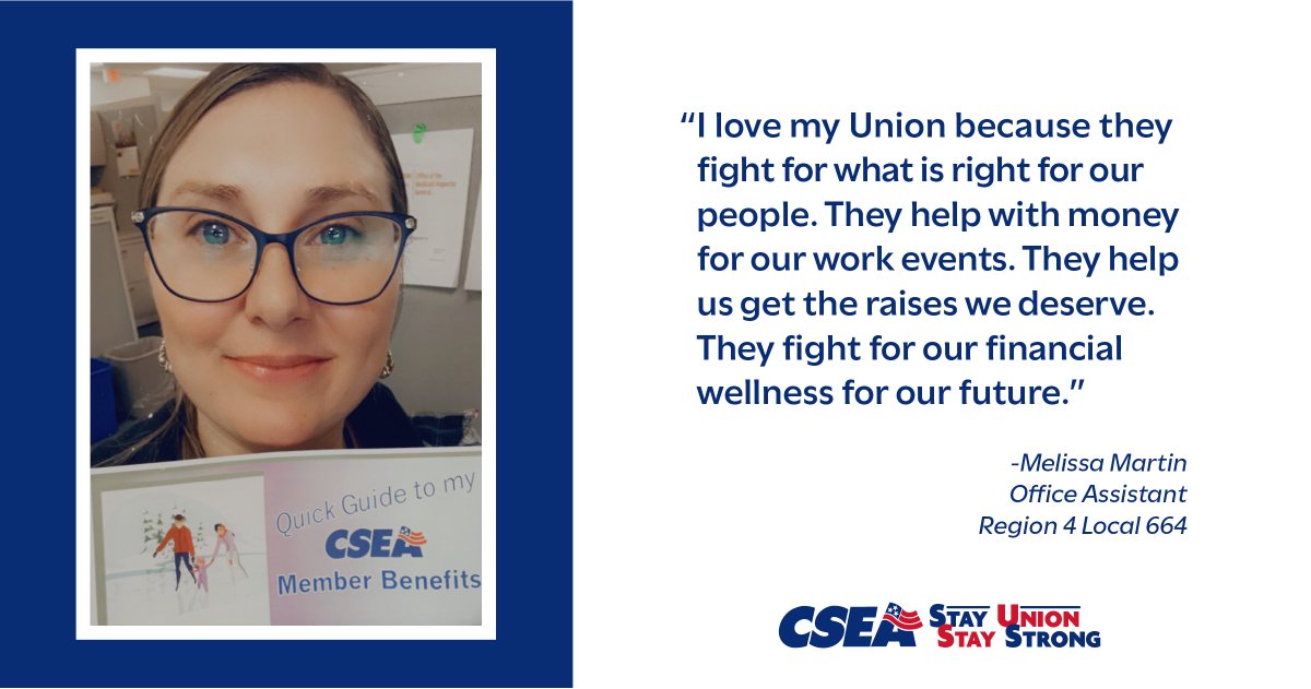 CSEALocal1000's tweet photo. Union love is in the air!
In this #ILoveMyUnion entry, we hear from Melissa Martin, Office Assistant from CSEA Local 664, sharing some of the many reasons to love our union.
#CSEA #UnionStrong #StayUnionStayStrong https://t.co/AwhriVwNwv