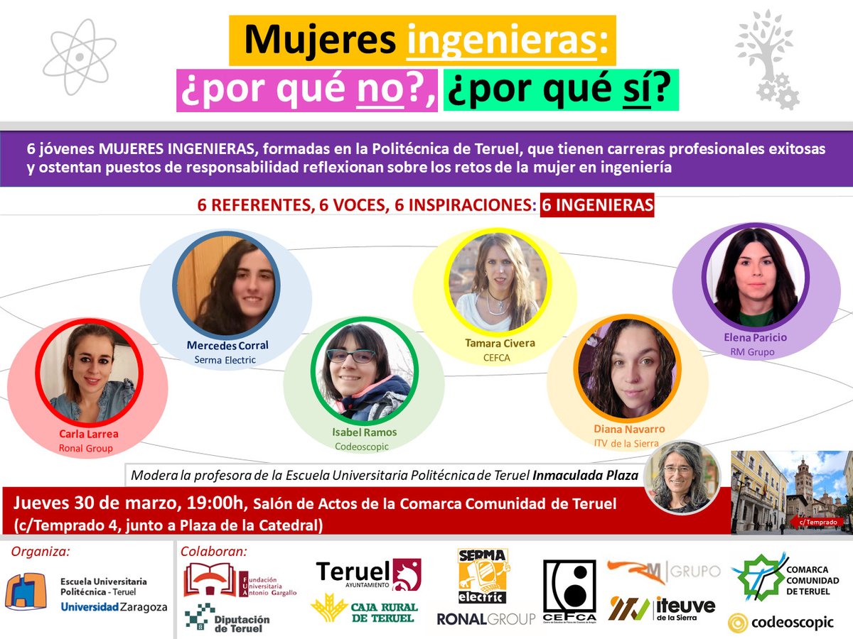eupt_unizar's tweet image. Mesa redonda EUPT, "Mujeres Ingenieras: ¿por qué no?, ¿por qué sí?"
Jueves 30 de marzo en la Comarca Comunidad de Teruel (c/Temprado)
Más info: eupt.unizar.es/noticia/mesa-r…
@unizar @uvteruel @Ayto_Teruel @ruralteruel @DPTeruel #RonalGroup #Cefca @codeoscopic @RMConstruccion #Serma