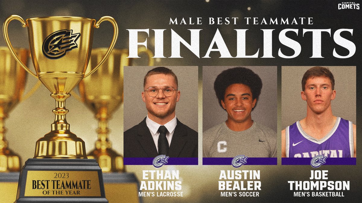Male Best Teammate

-Ethan Adkins (@CapMensLax)
-Austin Bealer (<a href="/CapMenSoccer/">Capital Men's Soccer</a>)
-Joe Thompson (<a href="/Capital_MBB/">Capital Basketball</a>)

#CapFam | #CapSAAC | #POTP
