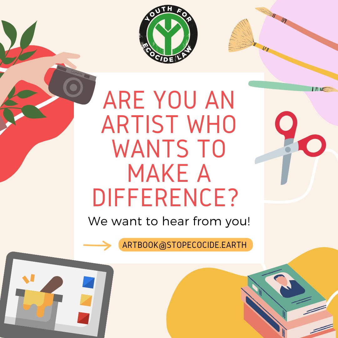 Our #ArtBook project is live!

If you are an artist who wants to make a difference, we invite you to submit your work 💚

Fill out our submissions form (tinyurl.com/2ae4ftk5) or check out our website (stopecocide.earth/youth)

#StopEcocide #EndEcocide #Y4EL @EcocideLaw