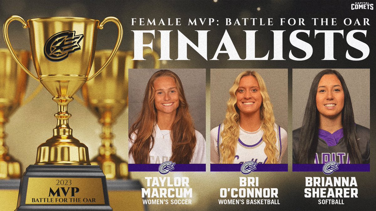 cap_athletics's tweet photo. Female MVP: Battle for the Oar

-Taylor Marcum (@CAP_WSoc)
-Bri O'Connor (@CapitalWBB)
-Brianna Shearer (@CapUSoftball)

#CapFam | #CapSAAC | #POTP https://t.co/tCCwUqnBog