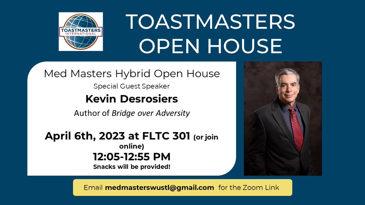 WashUMedMasters's tweet photo. Join us April 6th for our Open House, with Guest Speaker Kevin Desrosiers! https://t.co/cFlif0GuDd