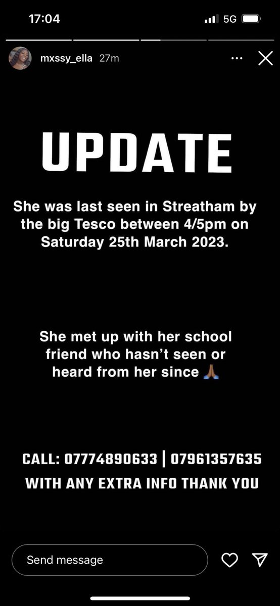 🚨 Update on Michaila. Last seen in Streatham Tesco on Saturday. Please share and let us know any information!!!!!