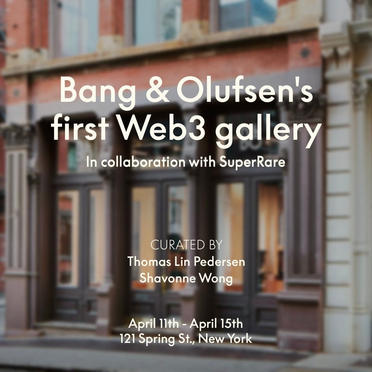 📢 Proud to collab with <a href="/BangOlufsen/">Bang & Olufsen</a> for their NYC Open Call! 🗽

The showcase you don't want to miss:

• Exhibit during NFT week in NYC at Bang &amp; Olufsen Soho gallery 🤩
• Get your work curated by <a href="/shavonnewong_/">˗ˏˋ Shavonne Wong ˎˊ˗ ✨(NFT Asia/Bloom)</a> &amp; <a href="/thomasp85/">Thomas Lin Pedersen</a> 🔥

More info 🧵👇