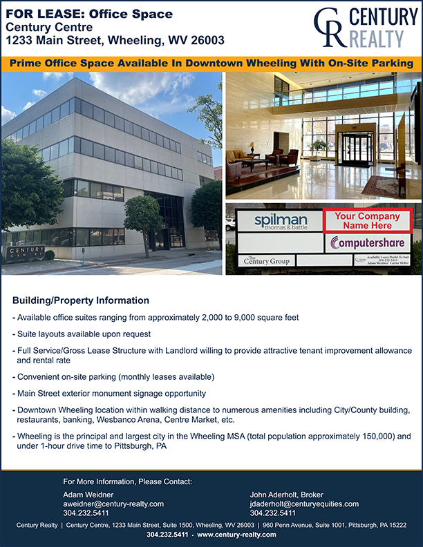 Century_Realty's tweet photo. Prime #Office Space Available In Downtown #Wheeling With On-Site Parking. Contact @Century_Realty at 304-232-5411 for more information.

#cre #commercialrealestate #realestate #officespace #lease #forlease #WestVirginia  #CenturyRealty #CORFAC #CORFACInternational https://t.co/VaCibU8Bef
