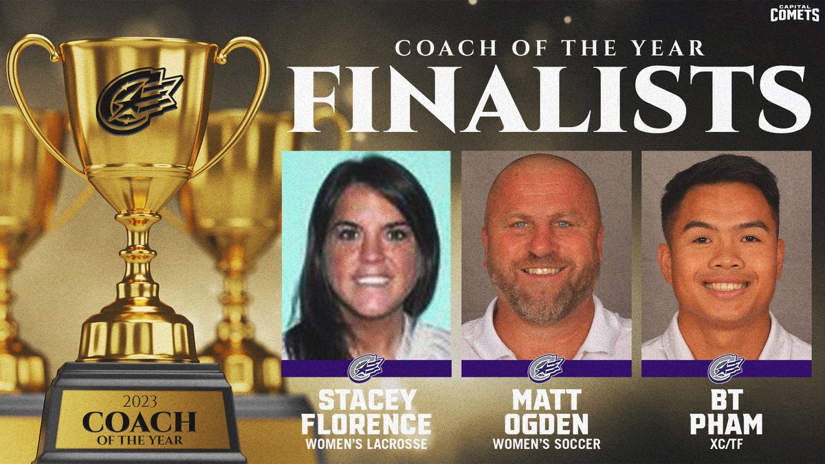 cap_athletics's tweet photo. Coach of the Year

-Stacey Florence (@CapitalWLAX)
-Matt Ogden (@CAP_WSoc)
-BT Pham (@CapXCTF)

#CapFam | #CapSAAC | #POTP https://t.co/IckLmAlulL