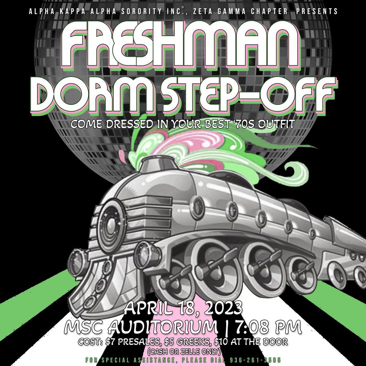 Let’s boogie on down!🕺🏽The ladies of the Zeta Gamma Chapter of Alpha Kappa Alpha Sorority, Inc. invite you to the Freshman Dorm SOUUULLLLLL Step Off! 🪩 Find your favorite Pretty girl for a presale wristband! Come dressed in your best 70s attire! See you there! #ZGDSO2023 #PVAKAs