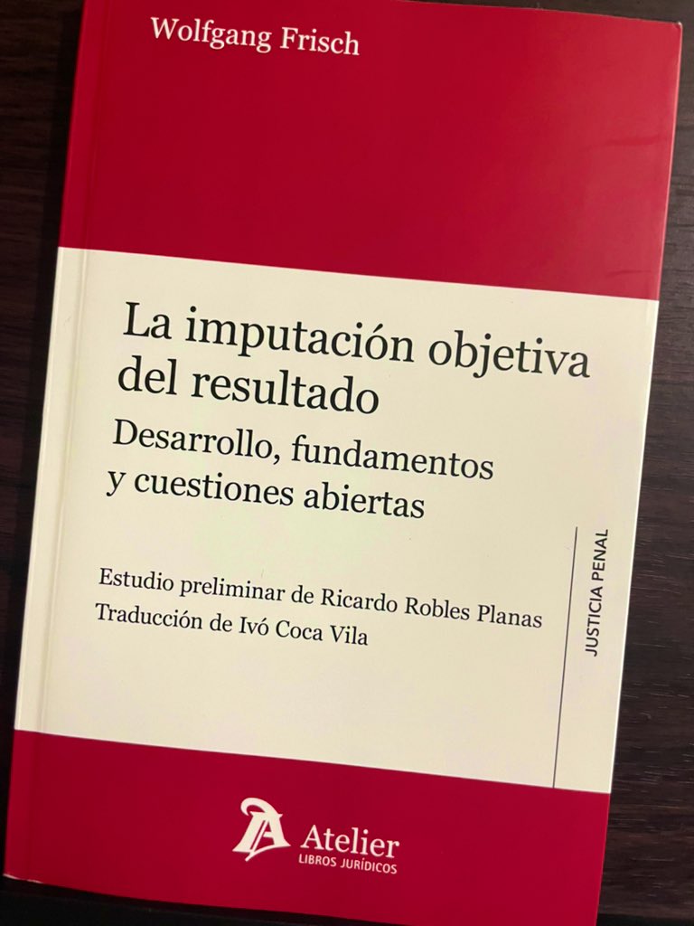 Recomendado del día => La imputación objetiva del resultado. Desarrollo, fundamentos y cuestiones abiertas. 

Autor => Wolfgang Frisch. 

Lo consiguen con => <a href="/Rlibrero1/">Rlibrero</a>