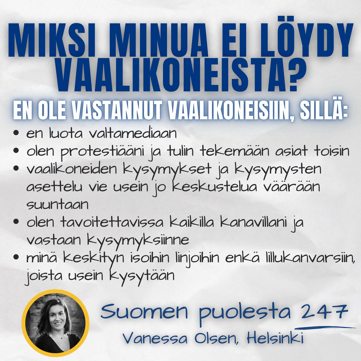 Terrrieri's tweet image. Miksi minä en vastannut vaalikoneisiin?

Tässä vastaukseni:

#vaalikone #protestiääni #vaalit23