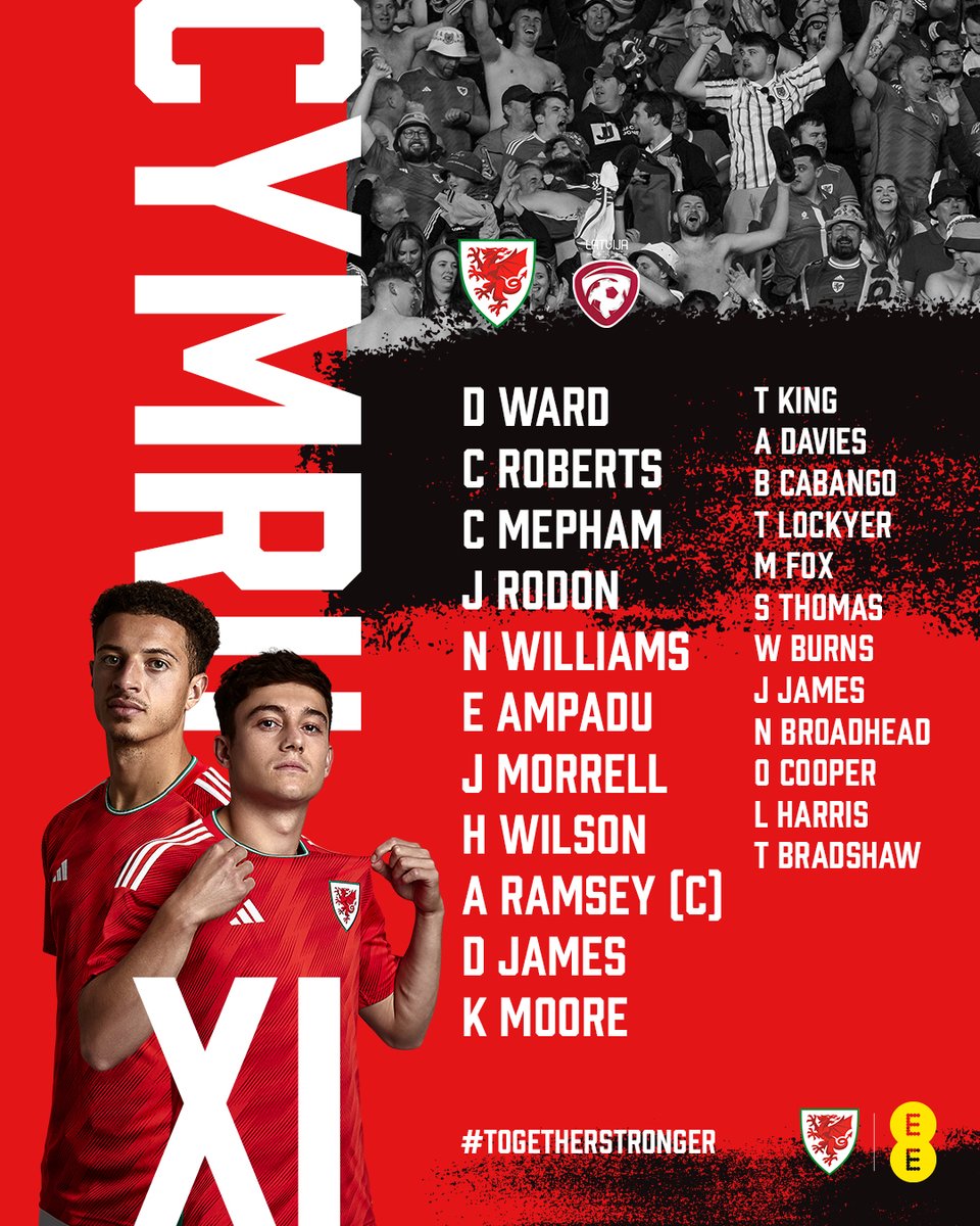 CYMRU XI 🏴󠁧󠁢󠁷󠁬󠁳󠁿🇱🇻

Your Cymru team to face Latvia. Gartref gyda'n gilydd ❤️

#CYMLAT | #TogetherStronger