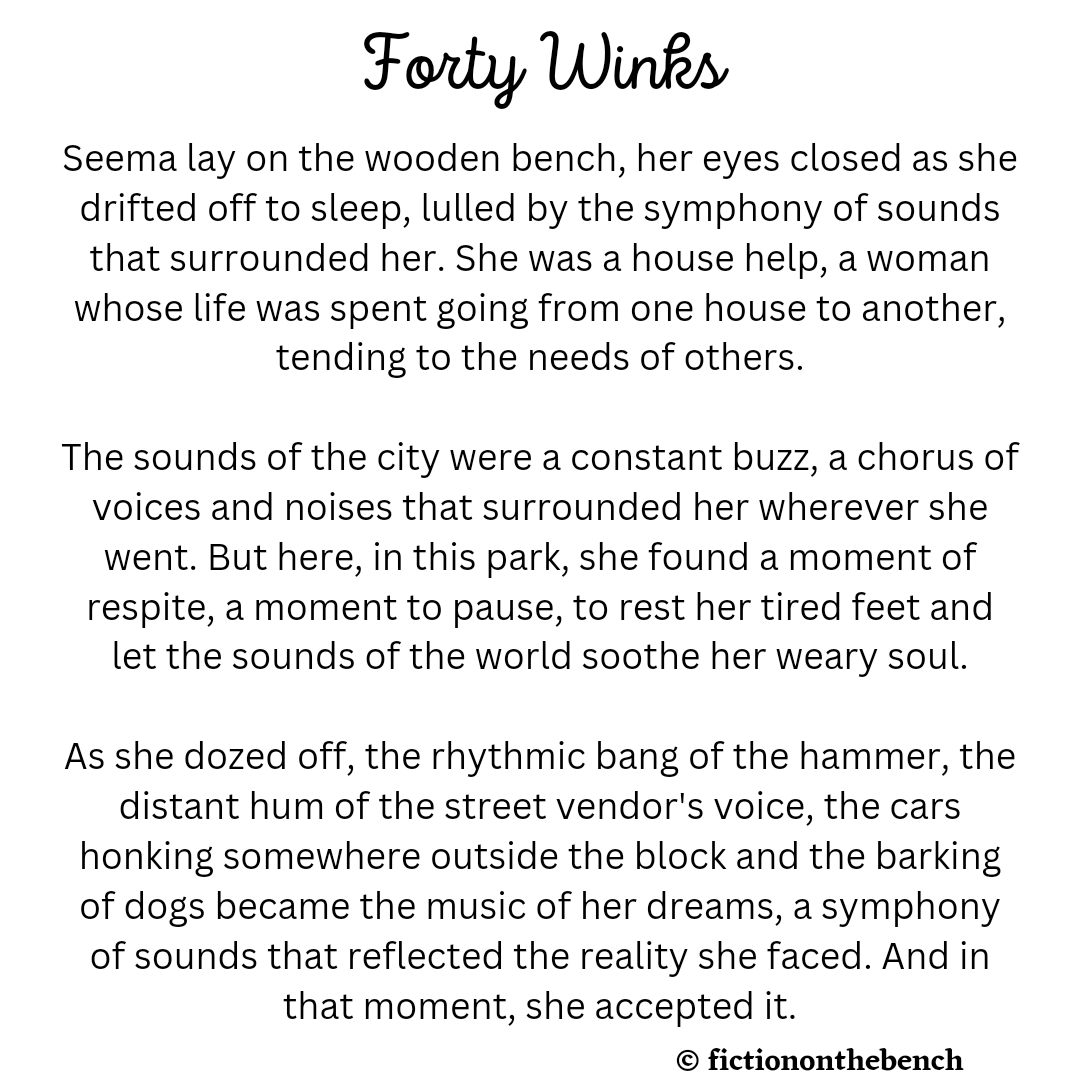 benchfiction's tweet photo. Bench Fiction: "Forty Winks"

#benchtales #afternoons #afternoonnap #fortywinks #microfiction #flashfiction #shortstory #creativewriting #WritingCommmunity #readingcommunity #writers #symphonyofsounds #soundsofthecity #hope #acceptance #sleepingonbenches https://t.co/xJ47bWAzYT