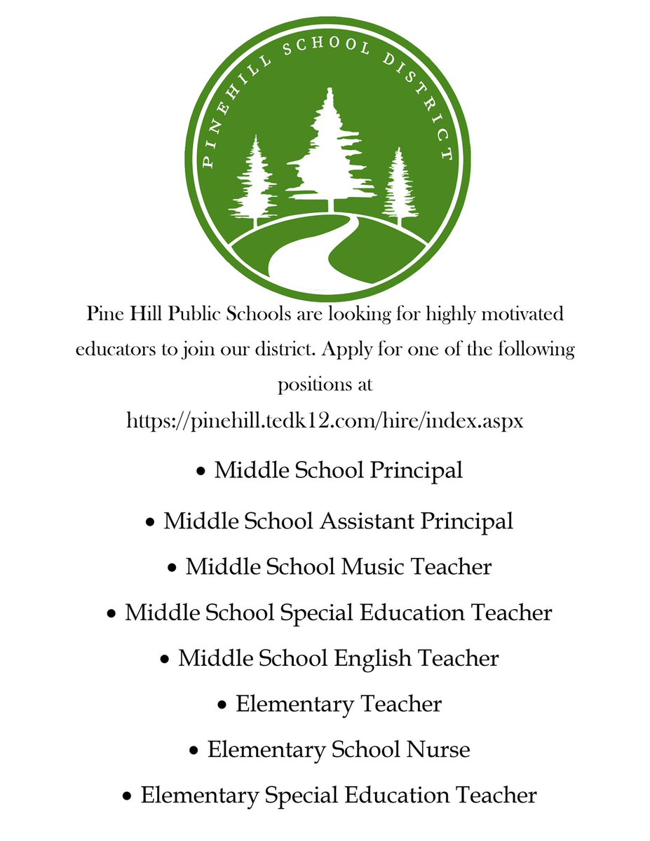 The Pine Hill Borough School District is looking for highly motivated educators to fill many positions. For more information and to apply, please visit pinehill.tedk12.com/hire/index.aspx