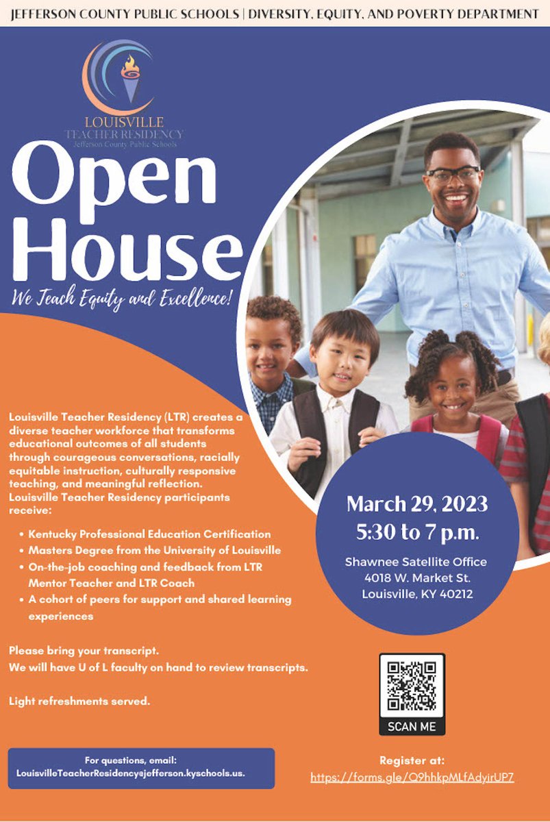 Are you interested in getting a Teaching Certification in one year? Join us tomorrow for Louisville Teacher Residency Open House. Bring a copy of your unofficial Transcripts! 

Register at docs.google.com/forms/d/e/1FAI…

<a href="/JCPSKY/">JCPS</a> <a href="/JCPSDEP1/">JCPS Diversity, Equity, and Poverty Department</a> <a href="/JCPSLTR/">JCPS Louisville Teacher Residency</a>