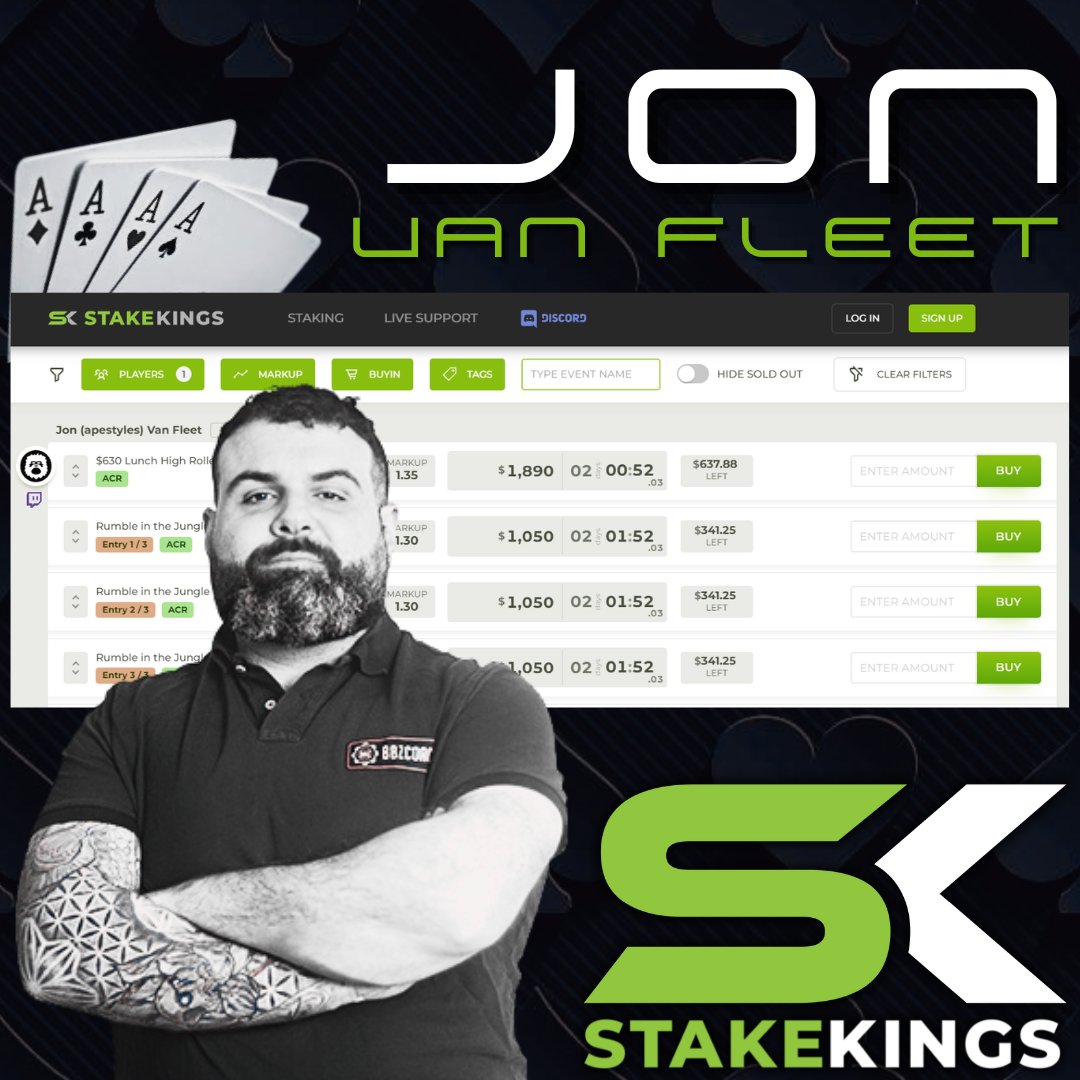 All new Thursday <a href="/ACR_POKER/">ACR Poker</a> action from <a href="/apestyles/">Jonathan Van Fleet</a> just went up in the StakeKings marketplace! Grab your piece below &amp; sweat it live with Jon over at twitch.tv/apestylespoker!

Get yours here: stakekings.com/player/apestyl…