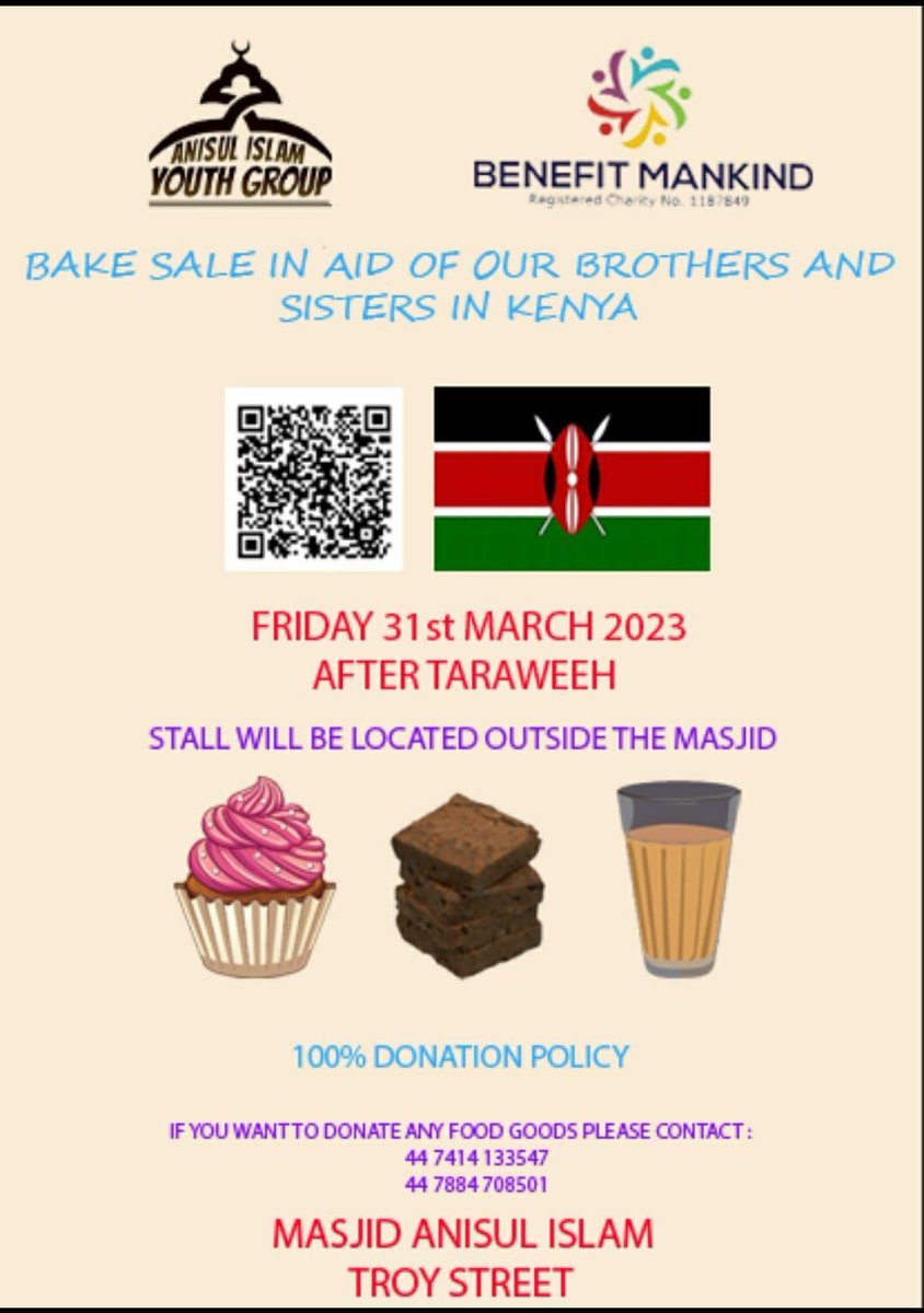 troy_community's tweet photo. Bake Sale after taraweeh this Friday to support our youth group project with Benefit Mankind to raise money for our drought hit Kenyan brothers &amp; sisters https://t.co/n7t8Tqd0fc