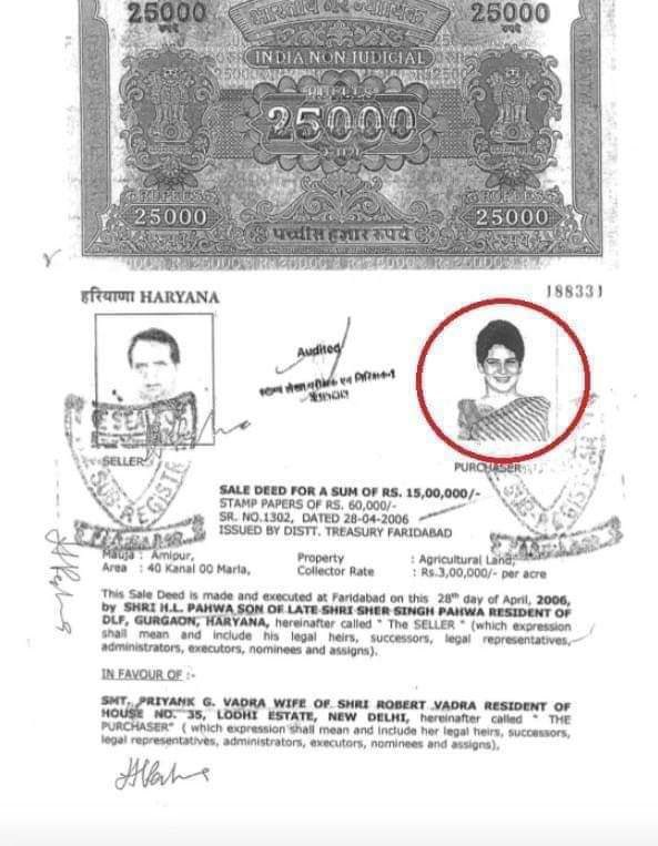 sanjayfadnavis1's tweet photo. Best Land Deal in last 20 years : 5 acres only in 15 Lakhs
And that 15 lakhs too was given by DLF to Vadra as 'loan'. After 3 years, the same land was 'sold' back to DLF for some 47 crores, from which the original 15 lakhs loan was 'deducted'. So, 47 crores is free money. https://t.co/YbAIHkgY4U
