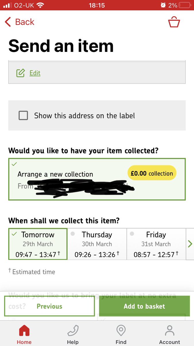 Taffybird1's tweet photo. @RoyalMailHelp Hi. I’m trying to pay for postage through the Royal Mail app. When asked if I’d like my item collected there appears to be no way to answer “no”. I want to print my label at home and drop my package in a postbox. How do I find this option? https://t.co/FgwFX9GURn