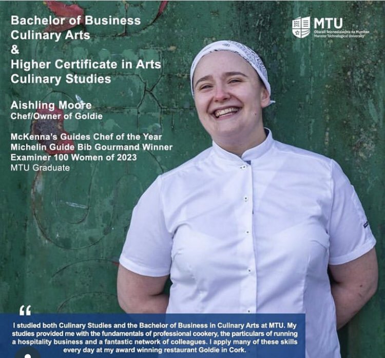 We are delighted that our <a href="/TourismHospDept/">Tourism & Hospitality Department, MTU Cork Campus</a> <a href="/MTU_ie/">Munster Technological University</a> culinary graduate Aishling <a href="/ashy_moore/">Aishling Moore</a> @goldie_cork is receiving such well-deserved plaudits 👍McKenna’s Guide Chef of the Year, Ireland’s 100 Best Restaurants 2023, Michelin Bib Gourmand <a href="/chefgusscully/">kieran Scully</a> <a href="/noelgmurray/">Noel Murray</a>