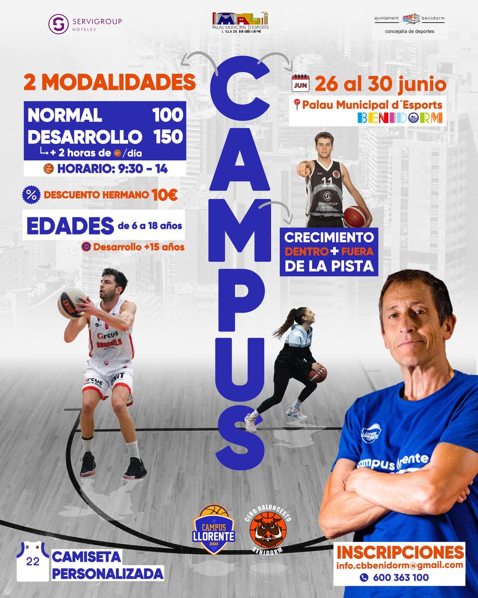 cbbenidorm's tweet photo. ¡El CB Benidorm ya tiene su campus de verano! Y nos acompañará en esta aventura @campusllorente .Del 26 al 30 de junio de 9:30 a 14 horas en el Palau D’Esports Illa de Benidorm. Realiza tu inscripción a 📩info.cbbenidorm@gmail.com o 📱600363100. ¡Reserva ya! 🏀🐗🖤 https://t.co/2k6FCbNCkG