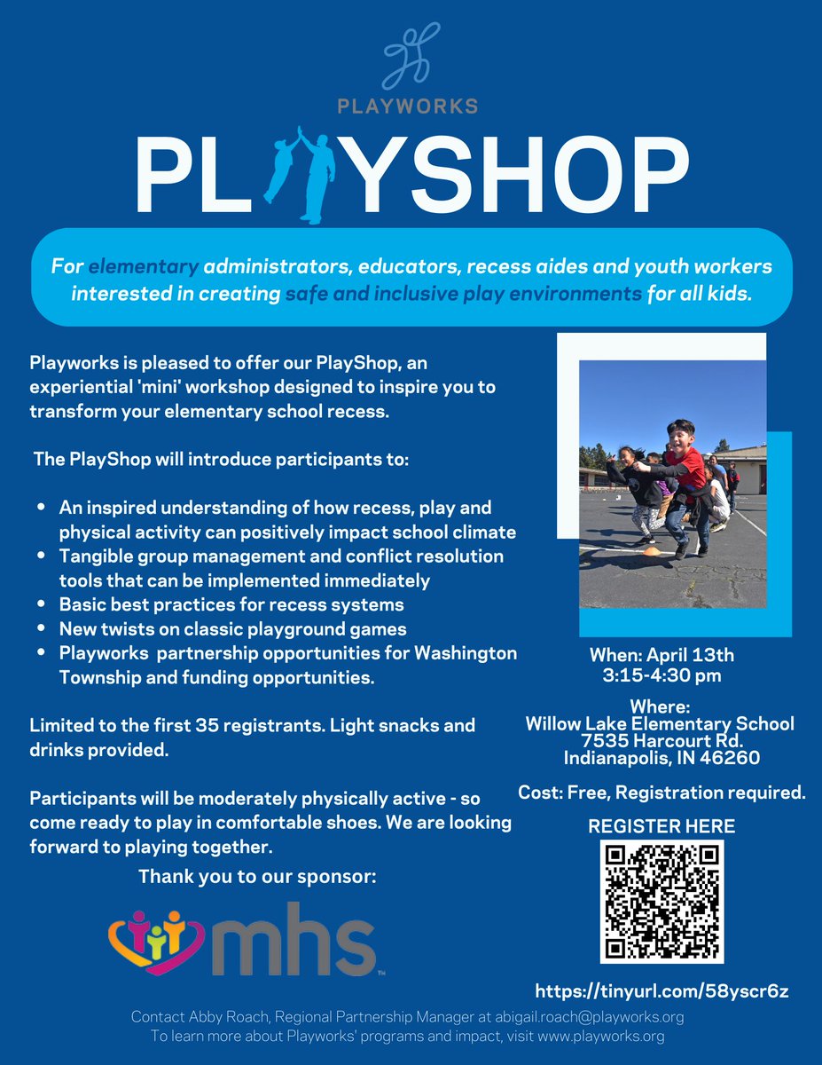 Playworks Indiana is excited to bring you another Playshop for our friends in Washington Township. Join us April 13th at Willow Lake Elementary School to inspire and transform your recess!