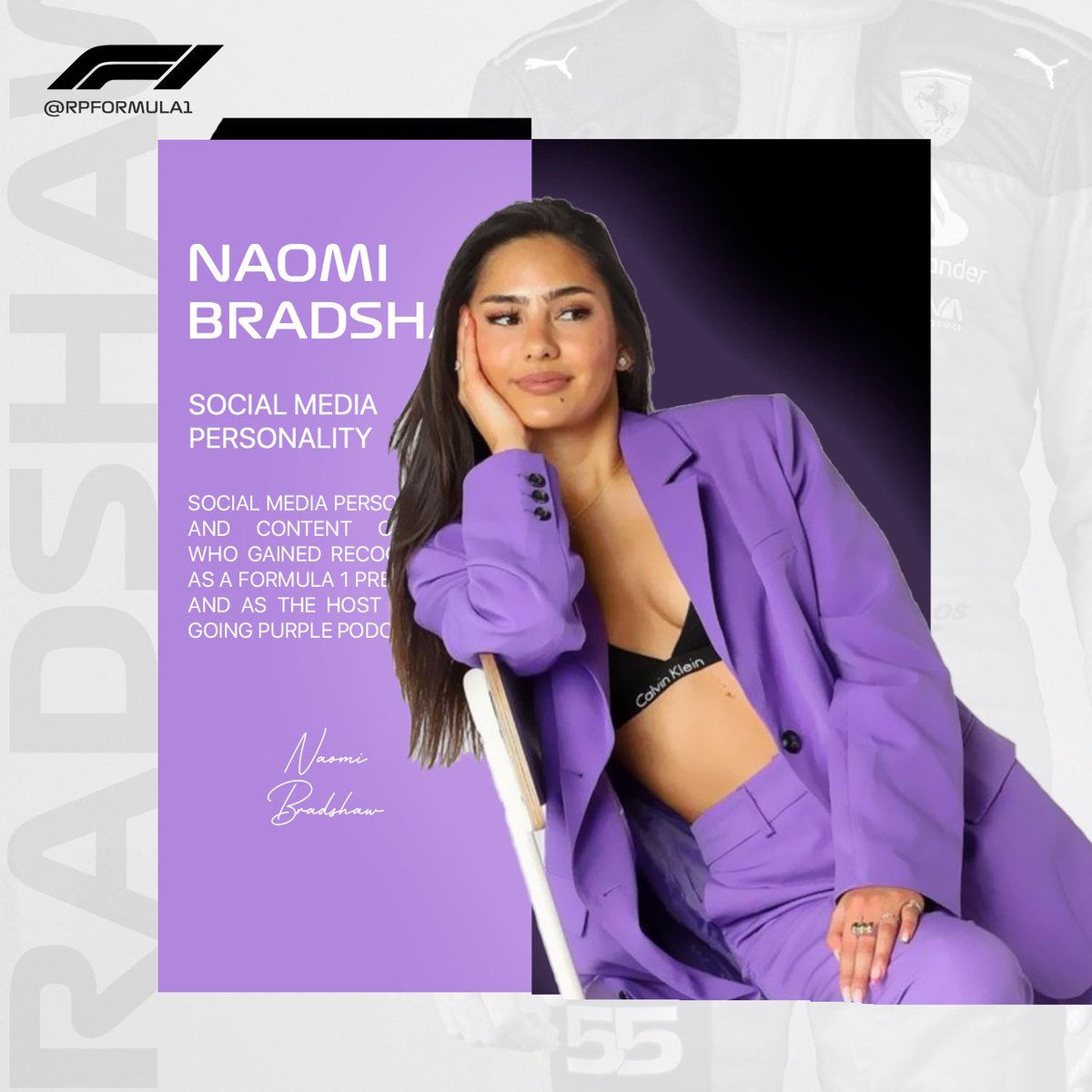 RPFormula1's tweet photo. 𝖬𝖾𝖽𝙞𝙖 | 𝖥𝟣®: 𝖲𝗈𝖼𝗂𝖺𝗅 𝖬𝖾𝖽𝗂𝖺 𝖥𝟣.

Naomi Bradshaw (@muddyrace) lleva reconocimiento como presentadora, y también por su podcast @GoingPurpleRP. https://t.co/1RZW7SFeYl