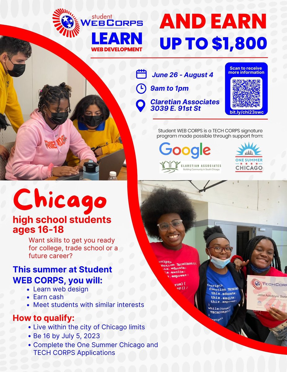 Our partners at @techcorpsus have opened applications for their STUDENT WEB CORPS program! SWC is for Chicago students ages 16-18 interested in learning web design. Participants will meet peers who share their interests and earn a stipend. Learn more: bit.ly/chi23swc