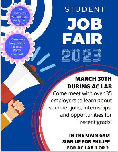 RSHS Student JOB Fair is this Thursday during ac lab in the main gym.  Please encourage all students to sign up for one of the two sessions!  A big Thank you to all of our employers attending!