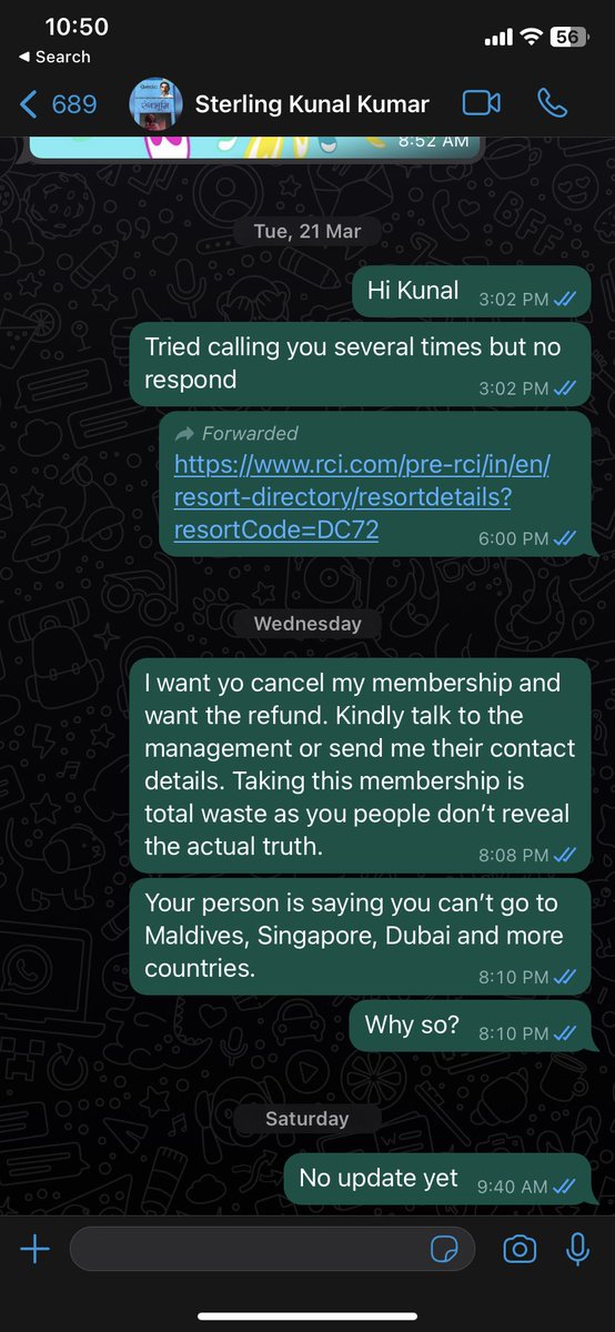 trustedarms's tweet photo. @WorldOfSterling Your sales executive showed big big resorts while selling membership. I took it on trust. Now he is not responding. See the whatsapp chat log. Not responding to calls also. https://t.co/DojUUgYp2F