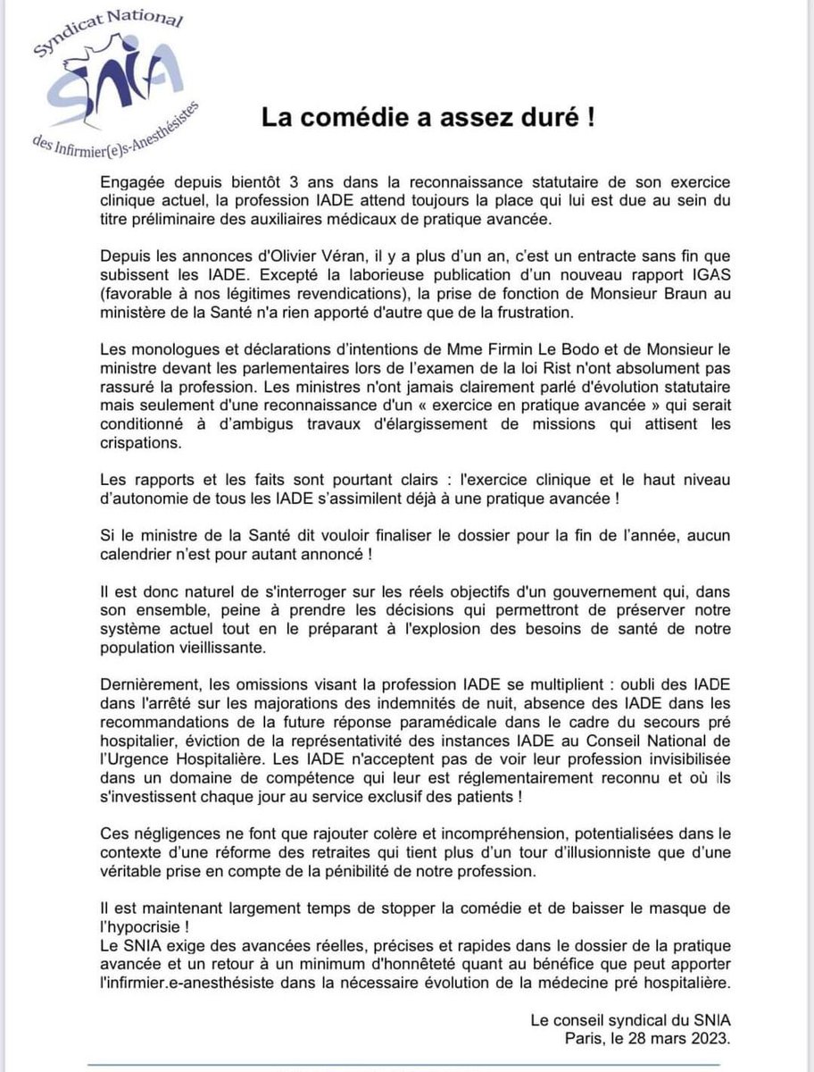 SNIA75's tweet photo. 📣 Communiqué SNIA : la comédie a assez duré ! 
👉 https://t.co/74VMWJ7f2F 

@HOSPIMEDIA @FrcsBraun @Seb_Delescluse @agnesfirmin @APMinfos @infirmierscom @ActuSoins 
#IADEenPratiqueAvancée
#NonALaReformeDesRetraites https://t.co/9hs4ClHrh2