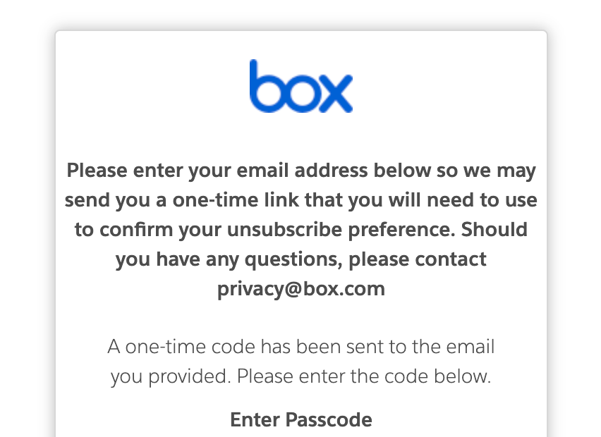ryanhoskin's tweet photo. I think @box wins for having the most annoying unsubscribe process.  Manually have to enter your email, then authenticate via 2FA, then hit a toggle and read the text that your settings won't be changed until you hit another button way at the bottom of the screen. https://t.co/bxDsLwbu2I