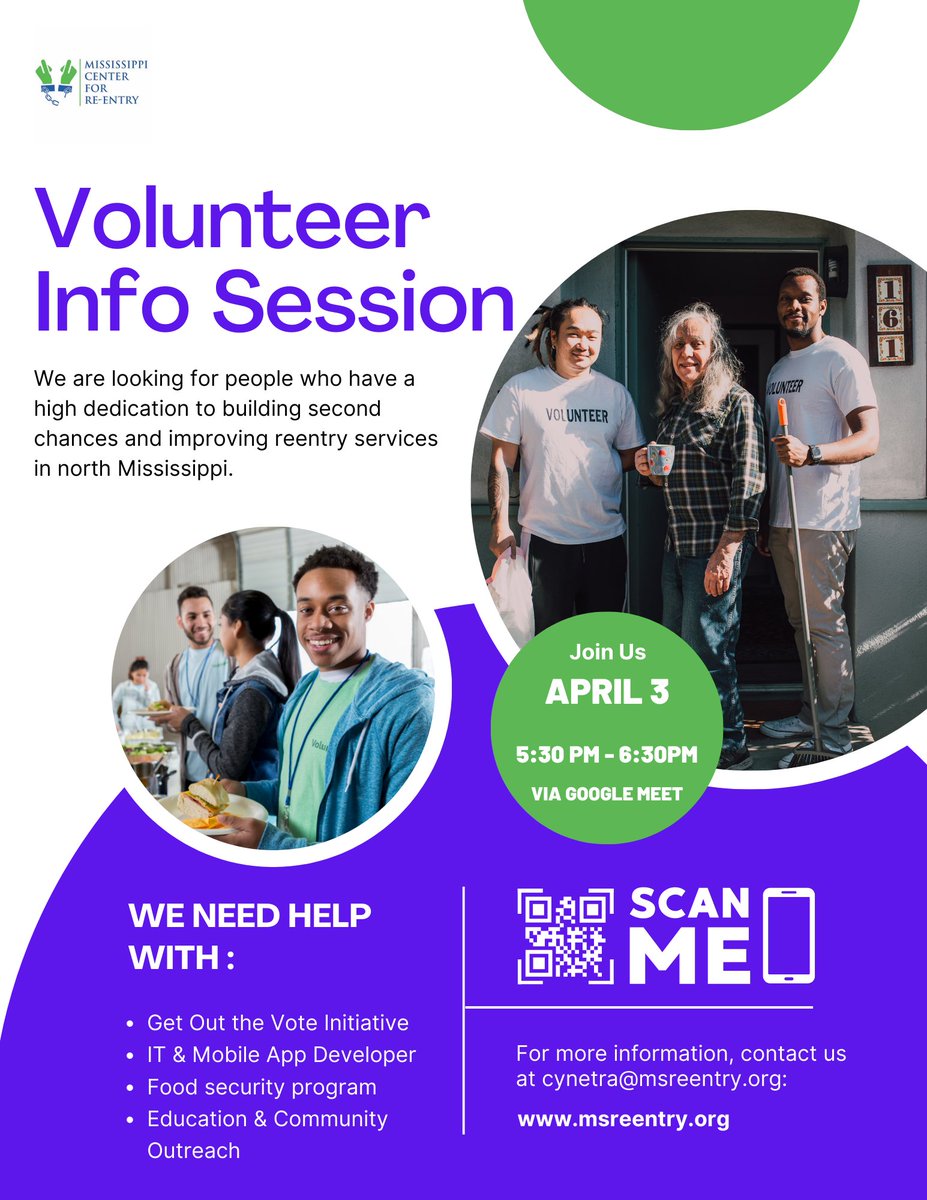 msreentry's tweet photo. Want to make a difference in the lives of system-impacted Mississippians? Join us Monday, April 3, for a Volunteer Information Session and learn about the current volunteer opportunities that we have available. 

RSVP at: https://t.co/x4gFc90Ai2. 

#secondchances #msreentry https://t.co/IBdIJbdoZt
