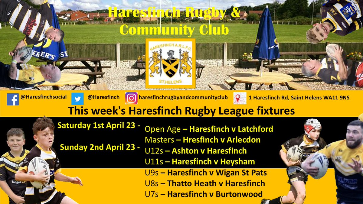 This weekends Haresfinch Rugby League fixtures…

🟡⚫️ Everyone is welcome at Haresfinch Rugby and Community Club, so why not come down and support your local community rugby league club for some of this weekends fixtures ⚫️🟡